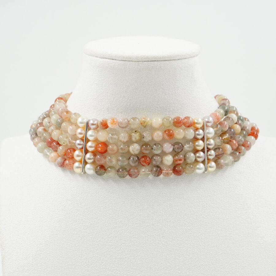 Collana Choker Multifilo con calcite blu, perla, ematite, chiusura in argento – Rodiato
