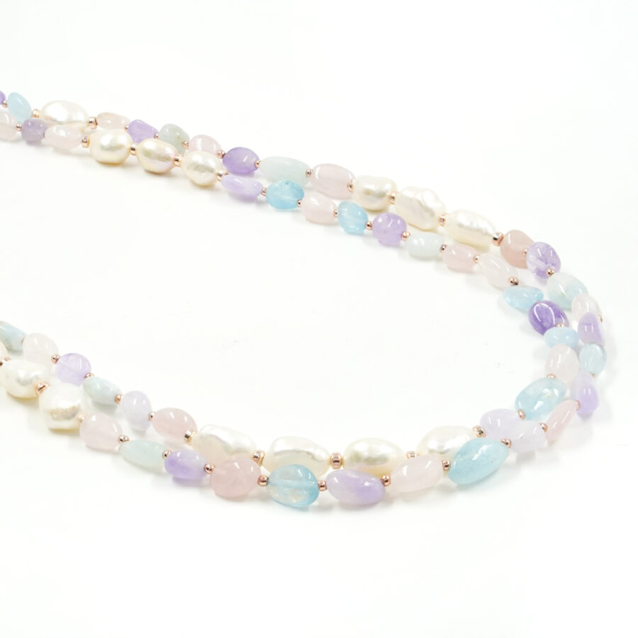 Collana Multifilo con acquamarina, morganite, ametista, perla, ematite, chiusura in argento - rosè