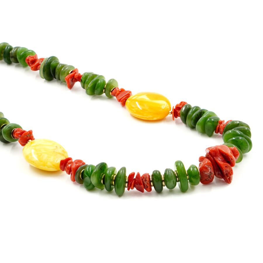 Collana con giada canadese, corallo, ambra, chiusura in argento – Dorato - immagine 3