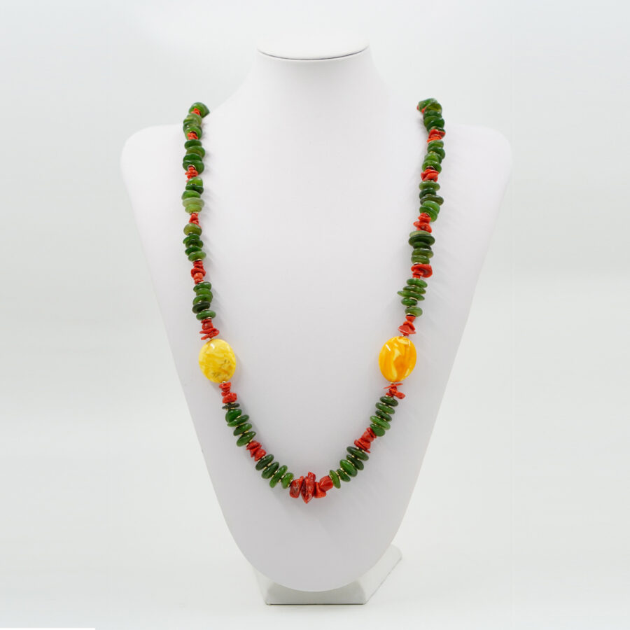 Collana con giada canadese, corallo, ambra, chiusura in argento – Dorato - immagine 4