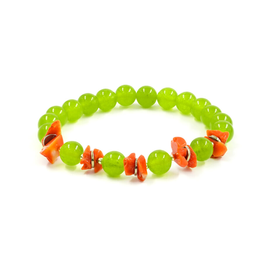 Bracciale Elastico giada verde tinta, corallo, ematite