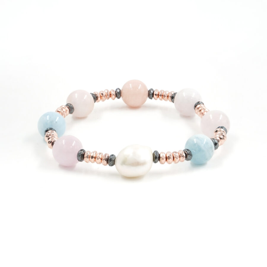Bracciale Elastico con berillo, perla d'acqua dolce, ematite