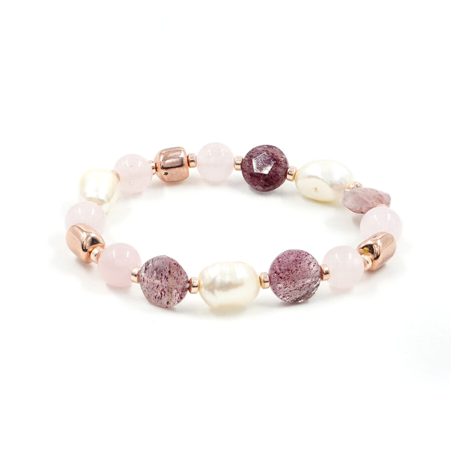 Bracciale Elastico con quarzo rosa, quarzo fragola, perla, ematite rosè