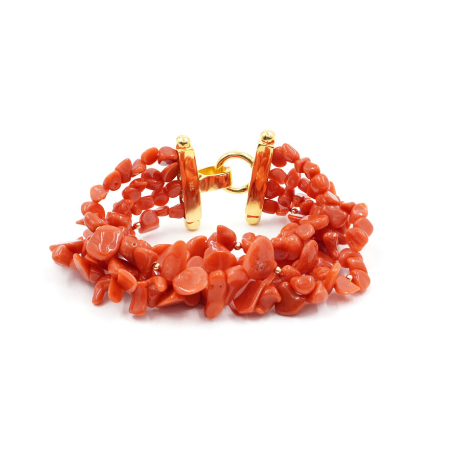 Bracciale Multifilo con corallo mediterraneo a scaglie, chiusura in argento – Dorato