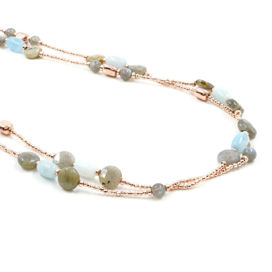 Collana Multifilo con labradorite, acquamarina, ematite rosè