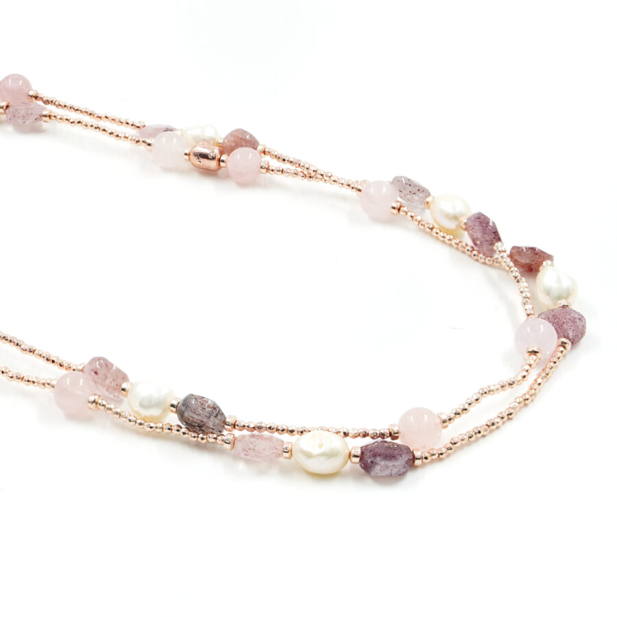 Collana Multifilo con quarzo fragola, quarzo rosa, perla, ematite rosè