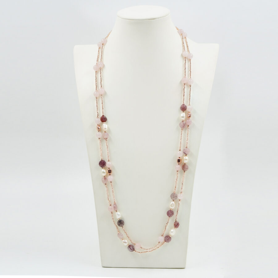 Collana Multifilo con quarzo fragola, quarzo rosa, perla, ematite rosè - immagine 2