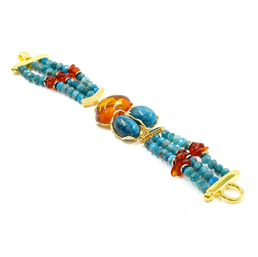 Bracciale Multifilo con apatite, ambra, centrale montato con ambra e apatite e chiusura in argento - Dorato