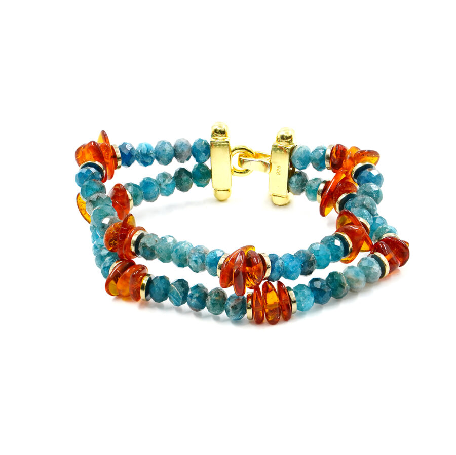 Bracciale Multifilo con apatite, ambra, chiusura in argento - Dorato