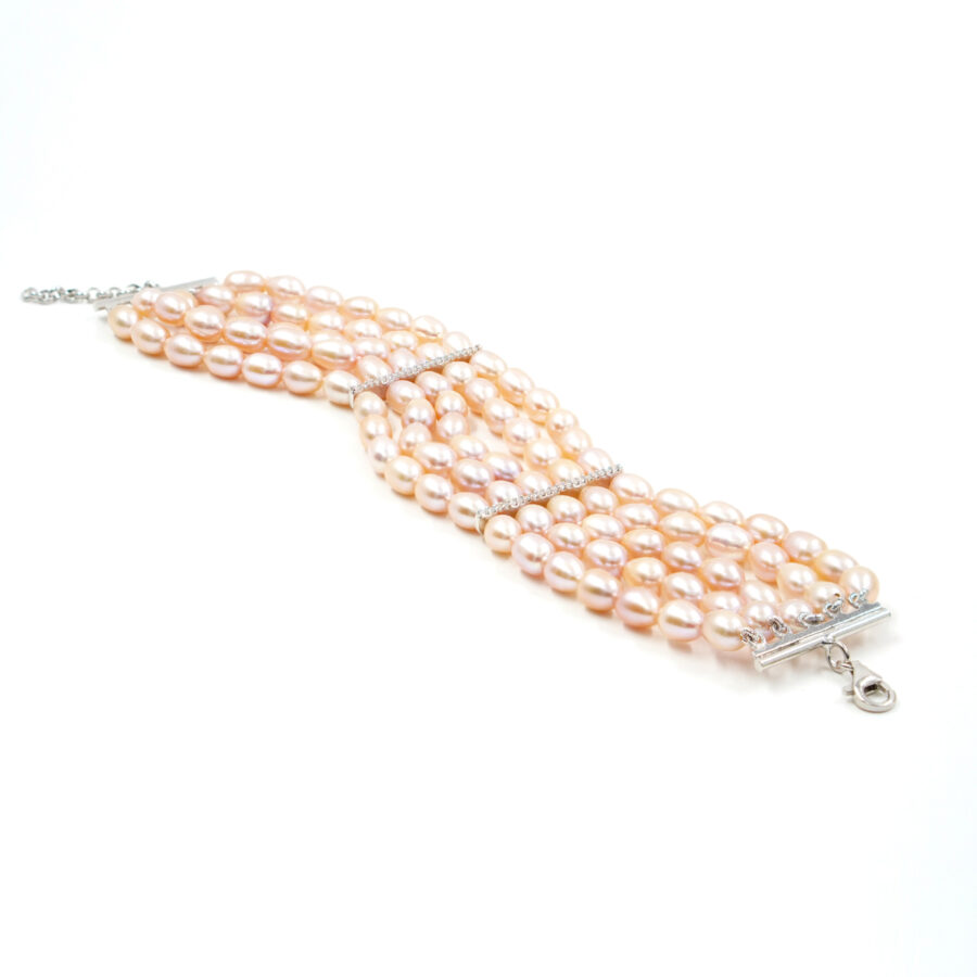 Bracciale Multifilo con perle a goccia rosa, chiusura in argento – Rodiato