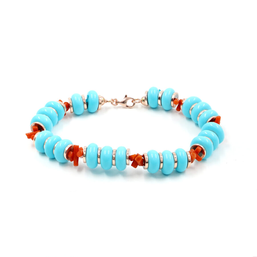 Bracciale con rondelle in pasta di turchese con corallo arancio, ematite, chiusura in argento – Rosè