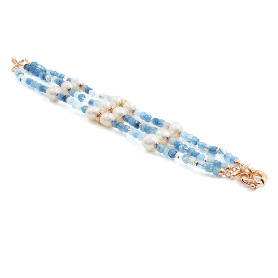 Bracciale con acquamarina, perla, ematite, chiusura in argento – Rose'