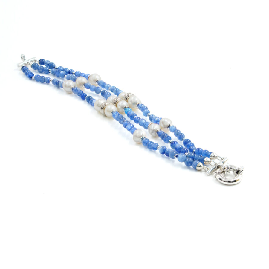 Bracciale con cianite, perla, ematite, chiusura in argento - Rodiato