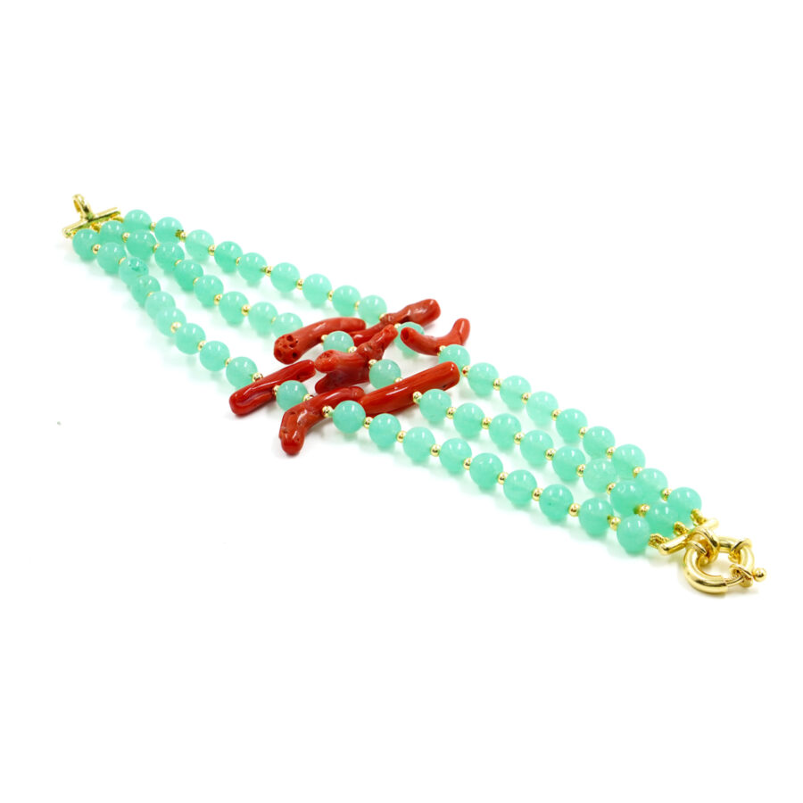 Bracciale con quarzo spugna verde, corallo, chiusura in argento - Dorato