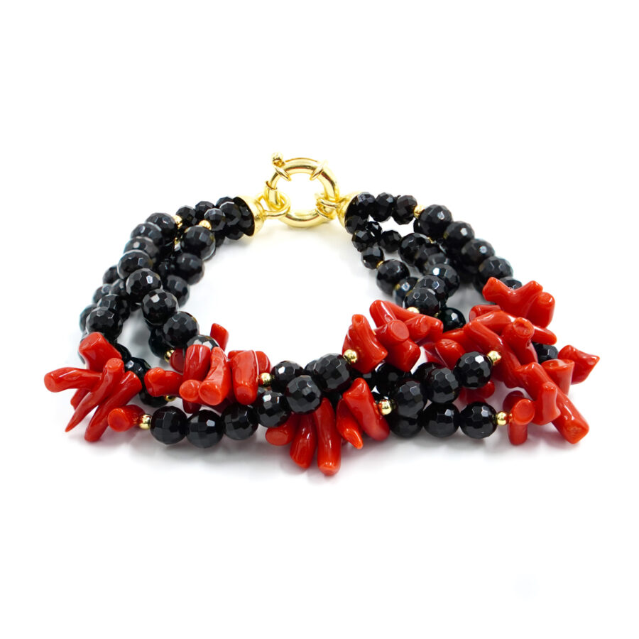 Bracciale con agata nera, corallo, ematite, chiusura in argento - Dorato