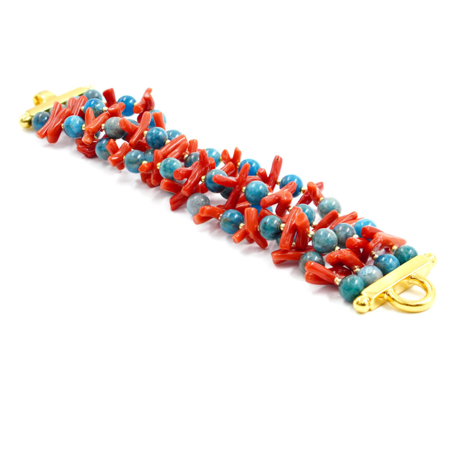 Bracciale con apatite, corallo, ematite, chiusura in argento - Dorato