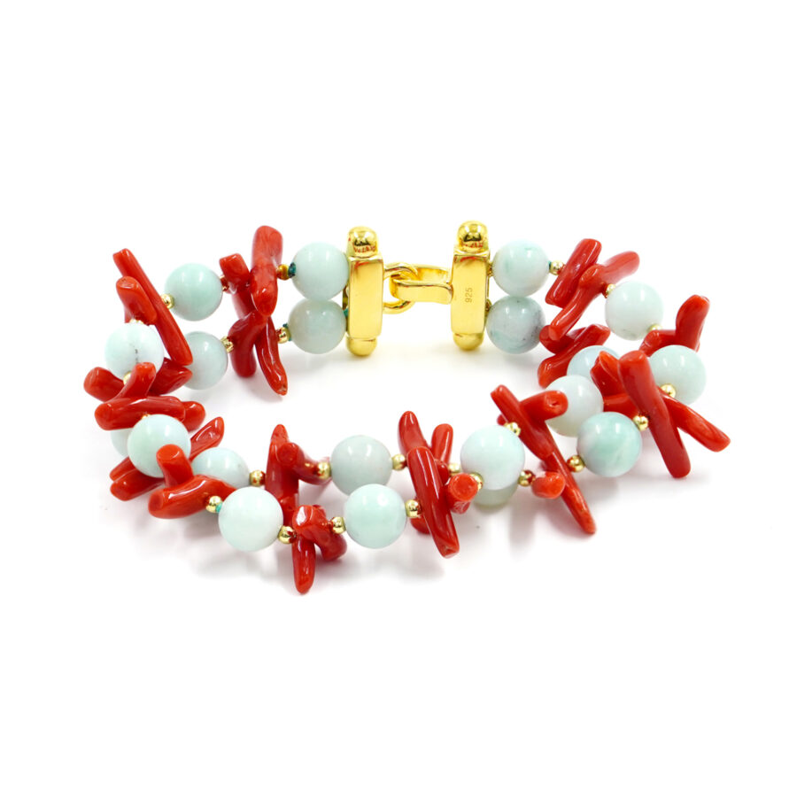 Bracciale con amazzonite, corallo, ematite, chiusura in argento – Rose'