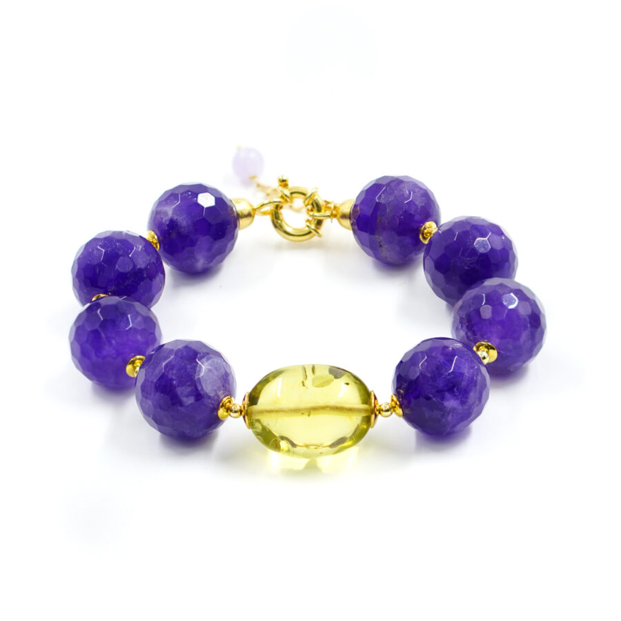 Bracciale con ametista, ambra verde, ematite, chiusura in argento - Dorato