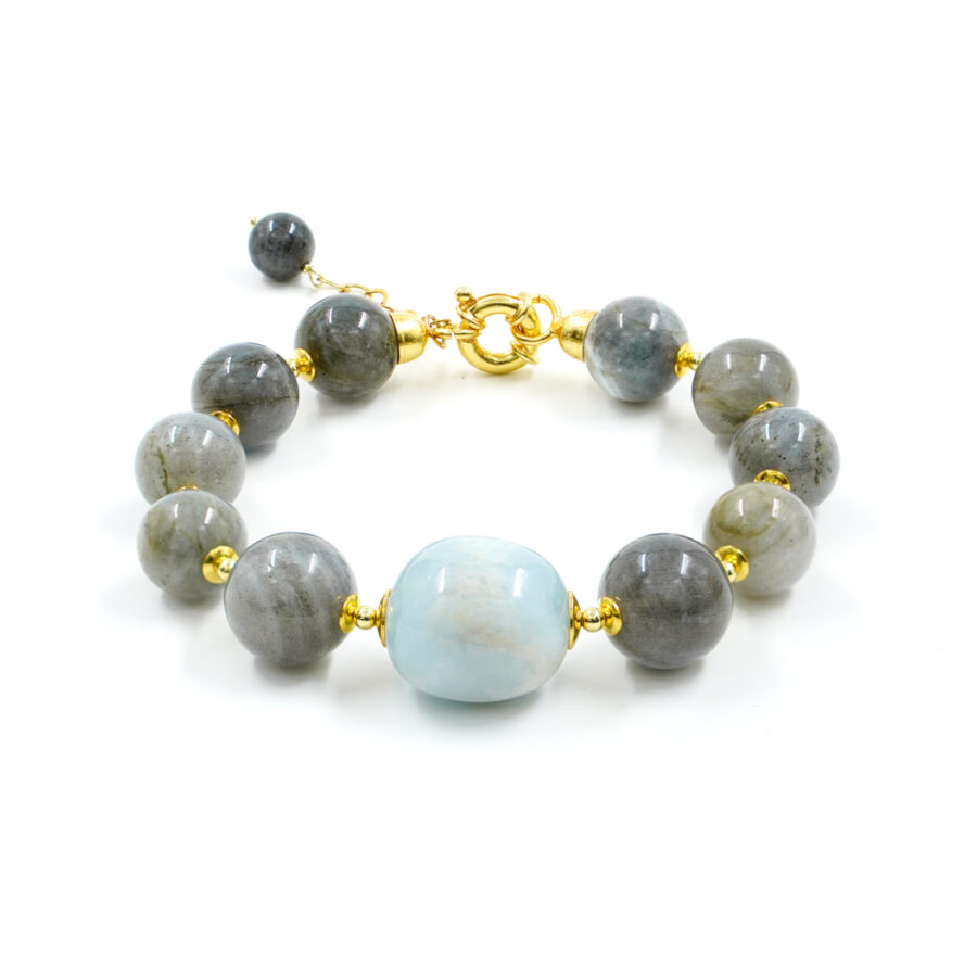 Bracciale con labradorite, acquamarina, ematite, chiusura in argento – Dorato