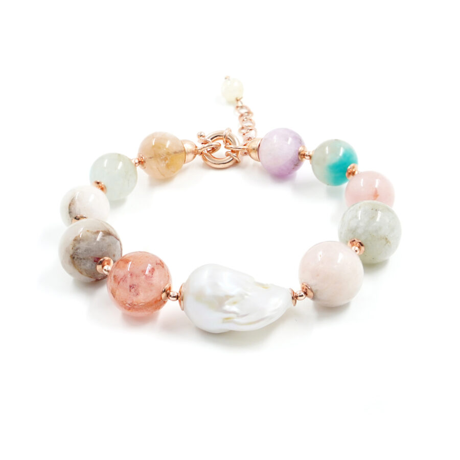 Bracciale con berillo, perla barocca, ematite, chiusura in argento – Rose'