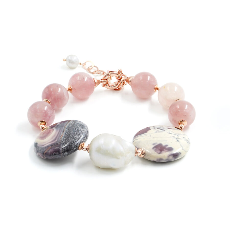 Bracciale con quarzo rosa madagascar, perla, diaspro, ematite, chiusura in argento – Rose'