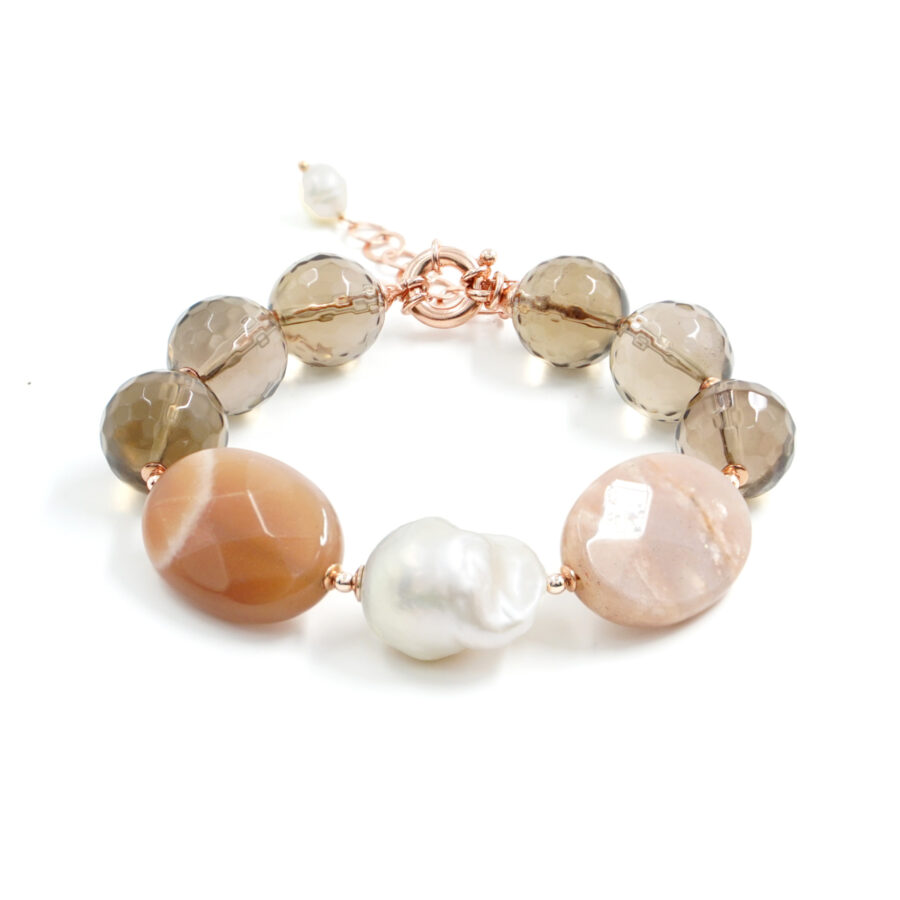Bracciale con quarzo fumè, pietra del sole, perla, ematite, chiusura in argento – Rose'