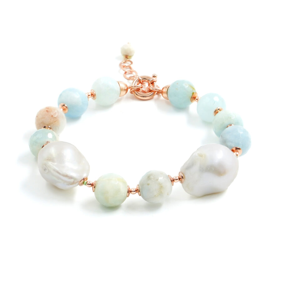 Bracciale con acquamarina, perla, ematite, chiusura in argento – Rose'