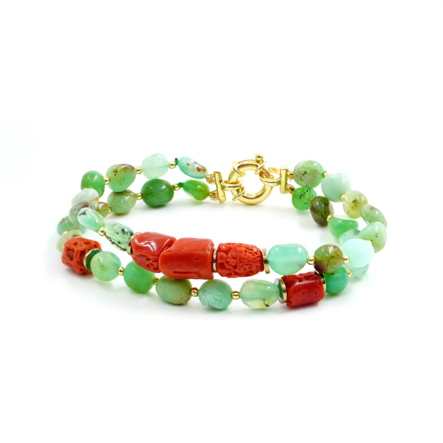 Bracciale con crisoprasio, corallo, ematite, chiusura in argento - Dorato