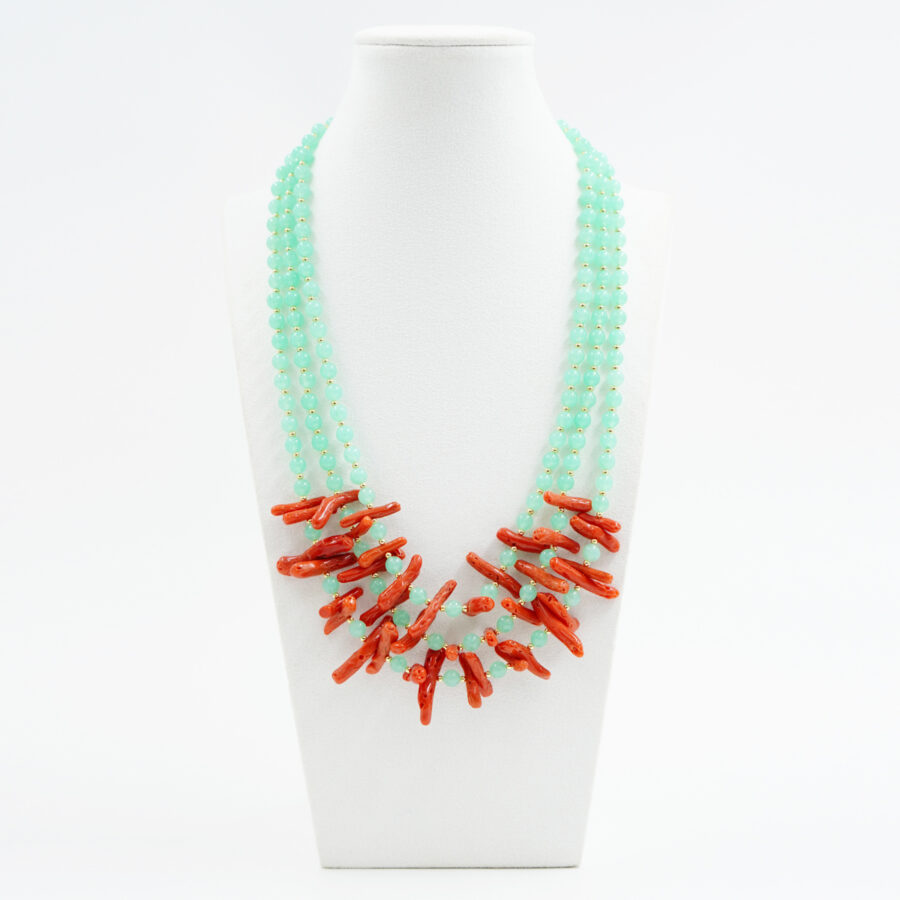Collana con quarzo spugna verde, corallo, chiusura in argento - Dorato