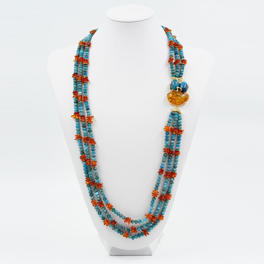 Collana Multifilo con apatite, ambra, centrale montato con ambra e apatite e chiusura in argento - Dorato