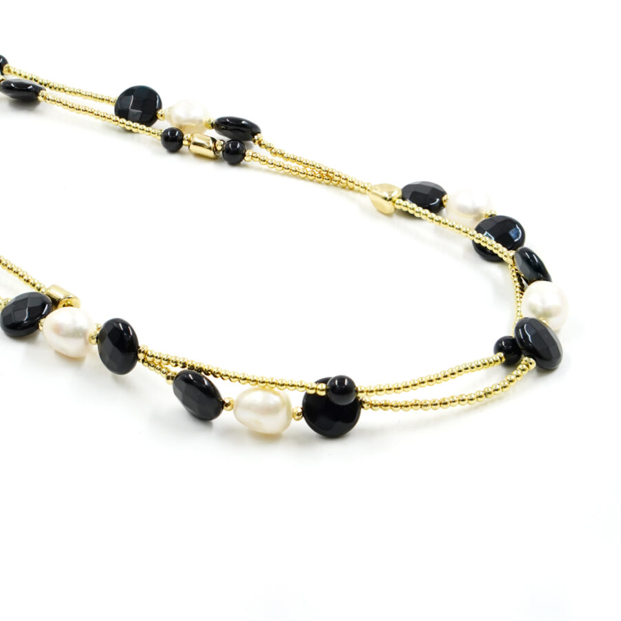 Collana Multifilo, con ematite dorata, perla, agata nera