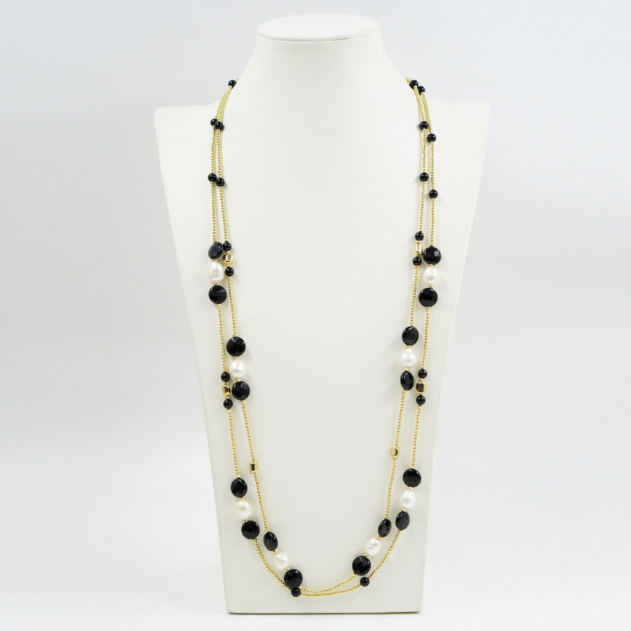Collana Multifilo, con ematite dorata, perla, agata nera - immagine 2