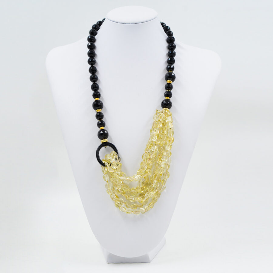 Collana Multifilo con agata nera, quarzo lemon, chiusura in argento – Dorato