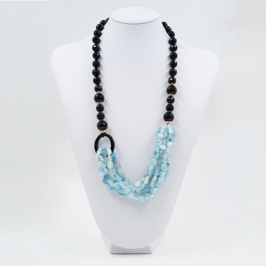 Collana Multifilo con agata nera, acquamarina, chiusura in argento – Rosè
