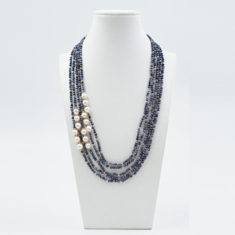 Collana Multifilo con zarrifi, perle, ematite, chiusura in argento – Rosè