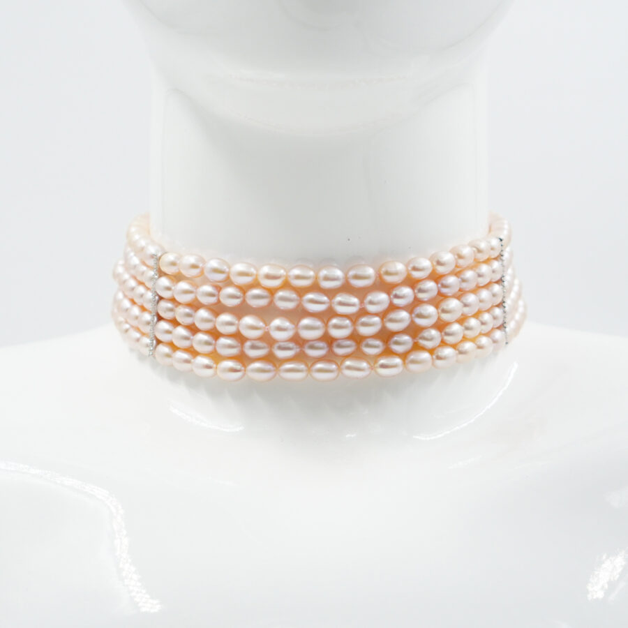 Collana Choker Multifilo con perle a goccia rosa, chiusura in argento – Rodiato