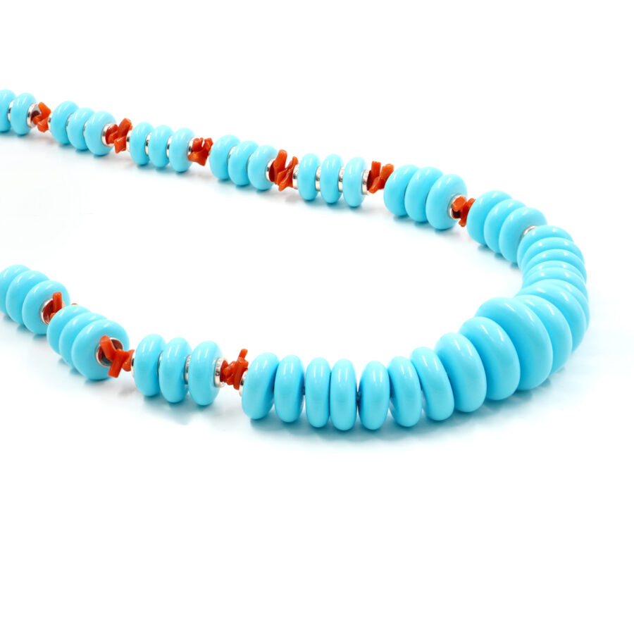 Collana con rondelle a gradazione in pasta di turchese con corallo arancio, ematite, chiusura in argento – Rosè