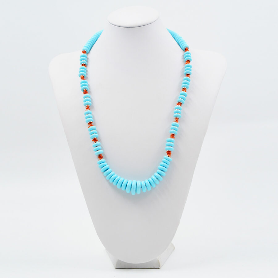 Collana con rondelle a gradazione in pasta di turchese con corallo arancio, ematite, chiusura in argento – Rosè - immagine 2
