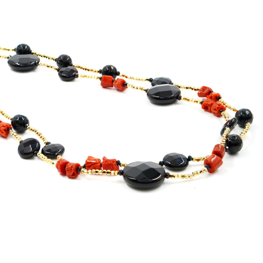 Collana Multifilo, con ematite dorata, corallo, agata nera, spinello