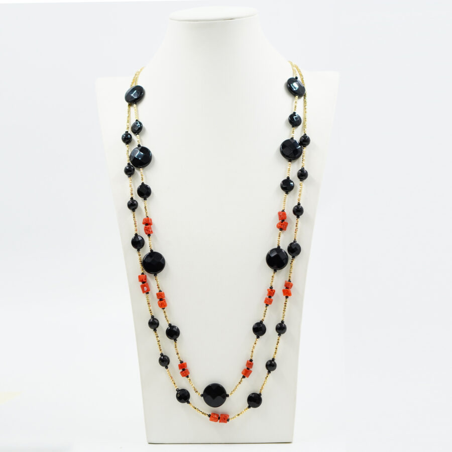 Collana Multifilo, con ematite dorata, corallo, agata nera, spinello - immagine 2