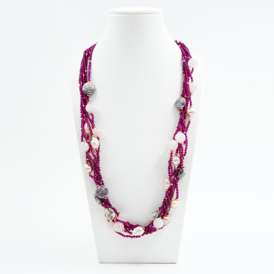 Collana con rubellite, diaspro, quarzo rosa, perla, chiusura in argento – Rosè
