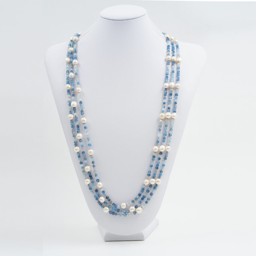 Collana con acquamarina, perla, ematite, chiusura in argento – Rose' - immagine 2