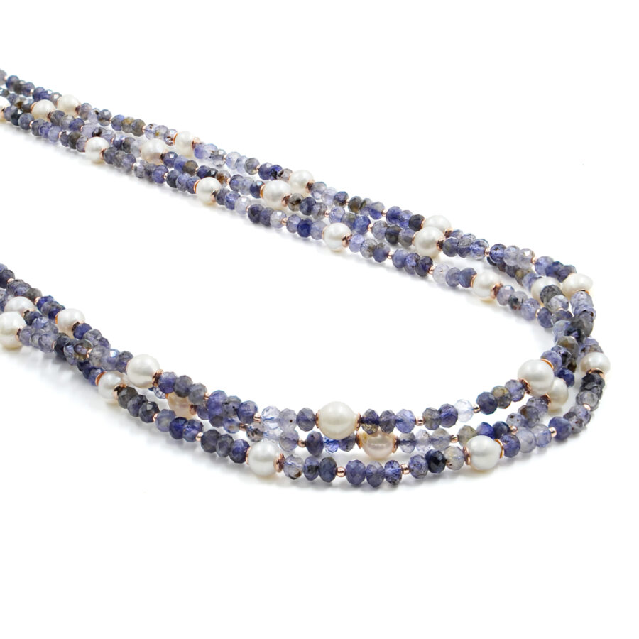Collana con iolite, perla, ematite, chiusura in argento – Rose'