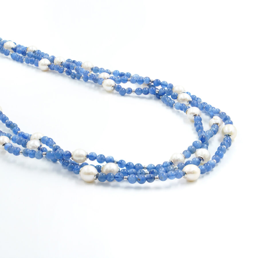 Collana con cianite, perla, ematite, chiusura in argento - Rodiato