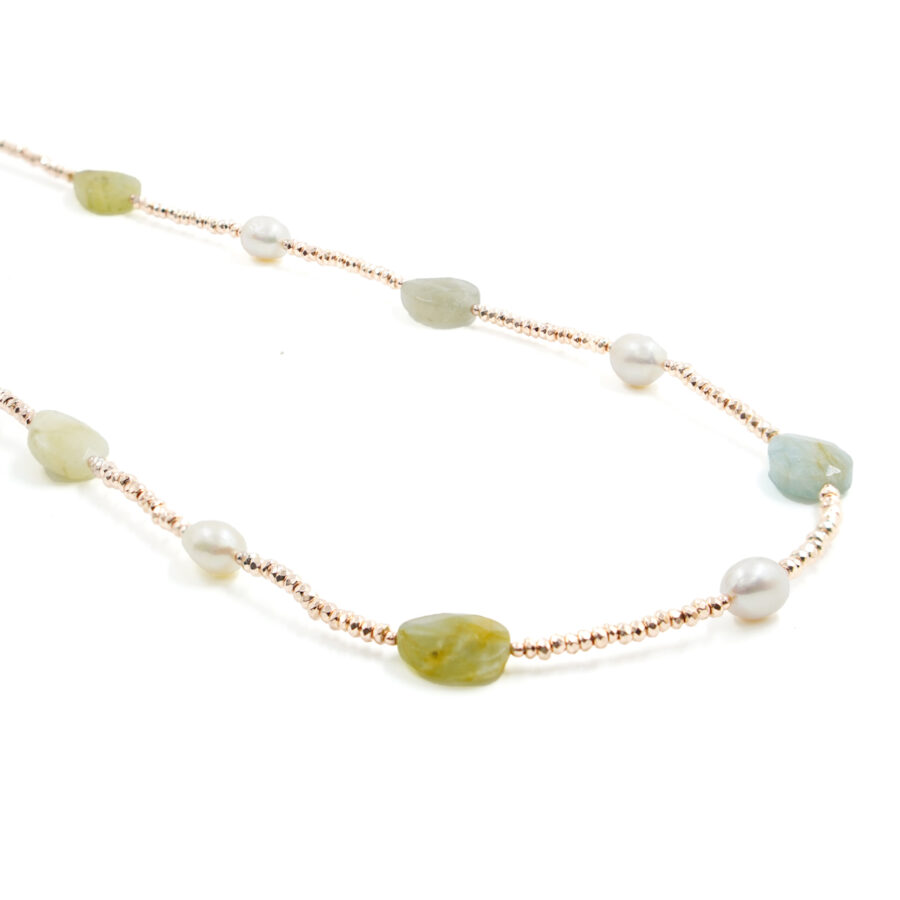 Collana con ematite, acquamarina verde, perla, chiusura in argento – Rose'