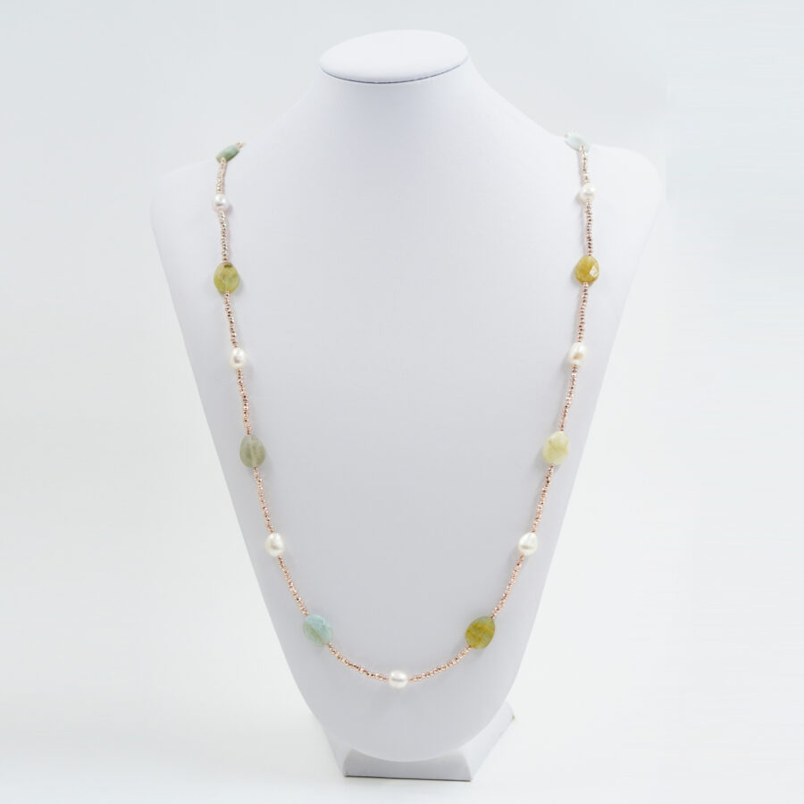 Collana con ematite, acquamarina verde, perla, chiusura in argento – Rose' - immagine 2