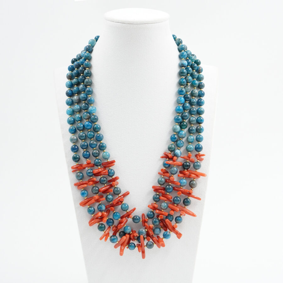 Collana con apatite, corallo, ematite, chiusura in argento - Dorato