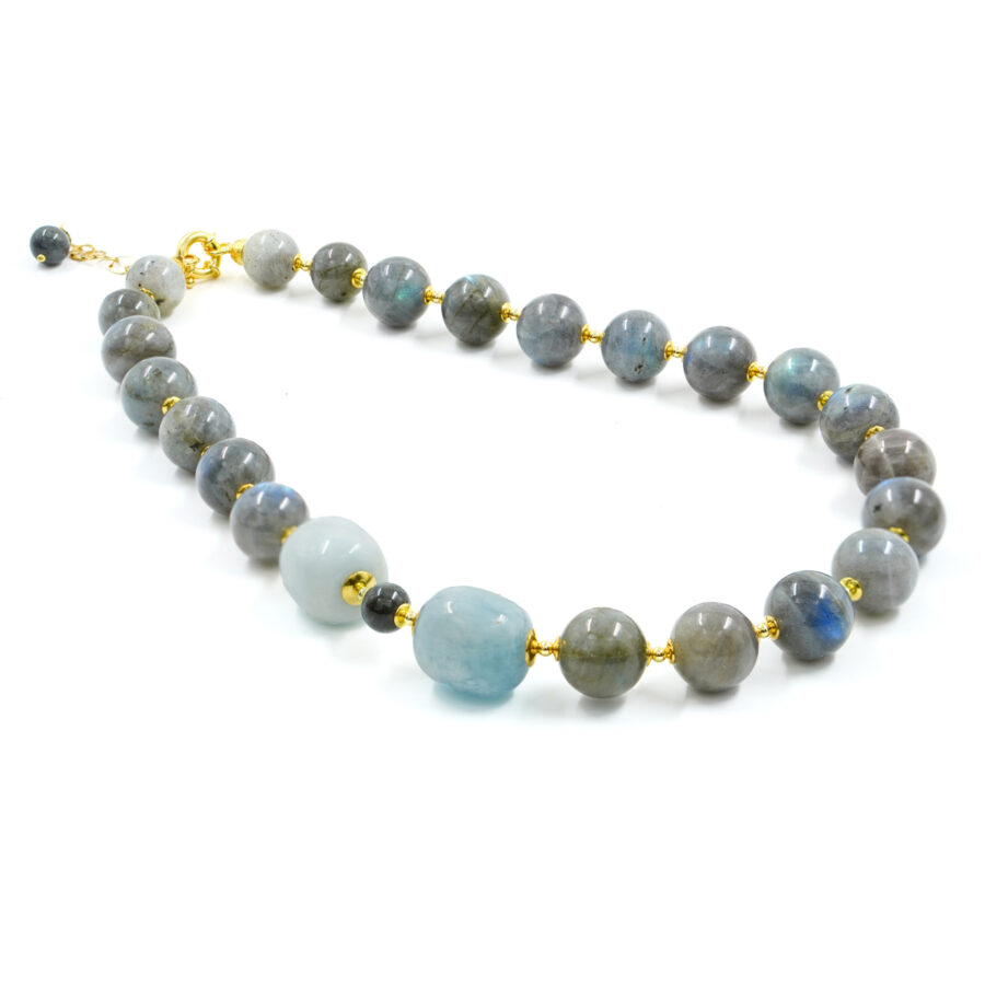 Collana con labradorite, acquamarina, ematite, chiusura in argento – Dorato - immagine 2