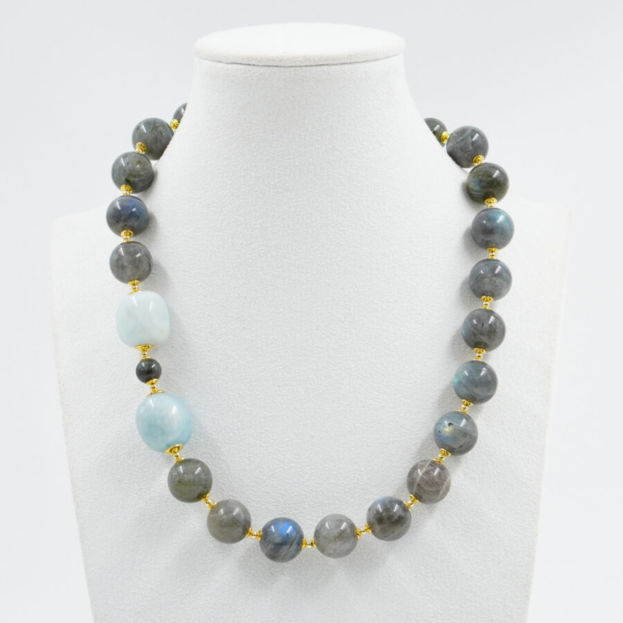 Collana con labradorite, acquamarina, ematite, chiusura in argento – Dorato