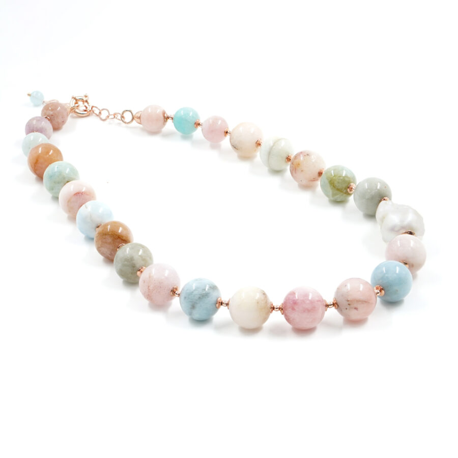 Collana con berillo, perla barocca, ematite, chiusura in argento – Rose' - immagine 2